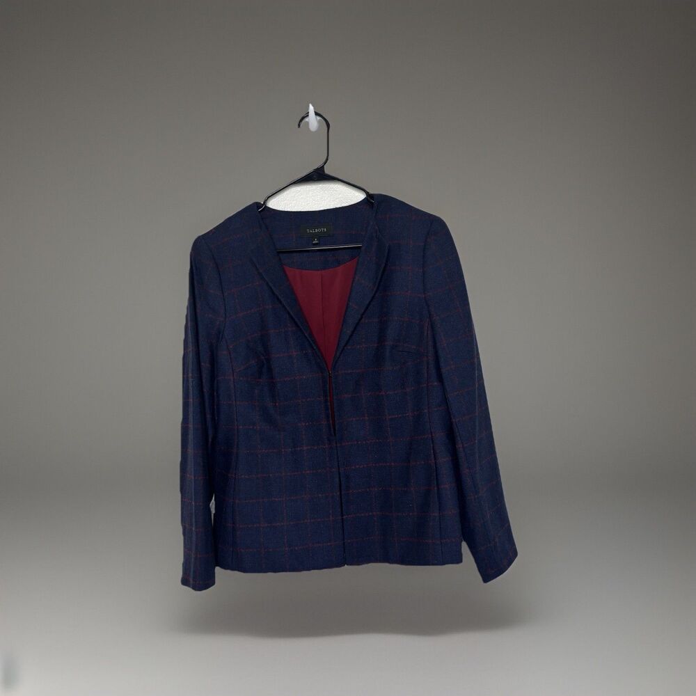 Talbots Blazer Women 8 Blue Plaid Wool Long Sleeve Lined Classic Career Academic